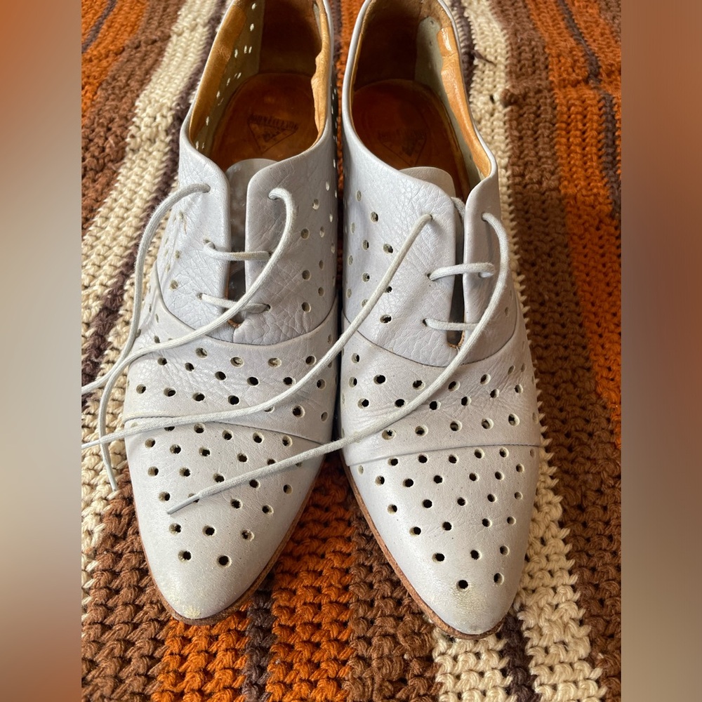 John Fluevog Perforated Light Gray Leather Lace-Up Heels